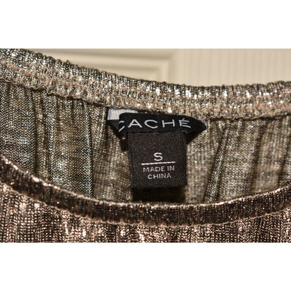 CACHE $88 Metallic‎ Silver Gold Shimmer Long Sleeve Peplum Top Scoop Neck Small - Picture 4 of 4